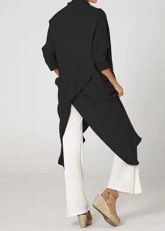 Lose Khaki Asymmetrische Falten Baumwolle Blusen Langarm