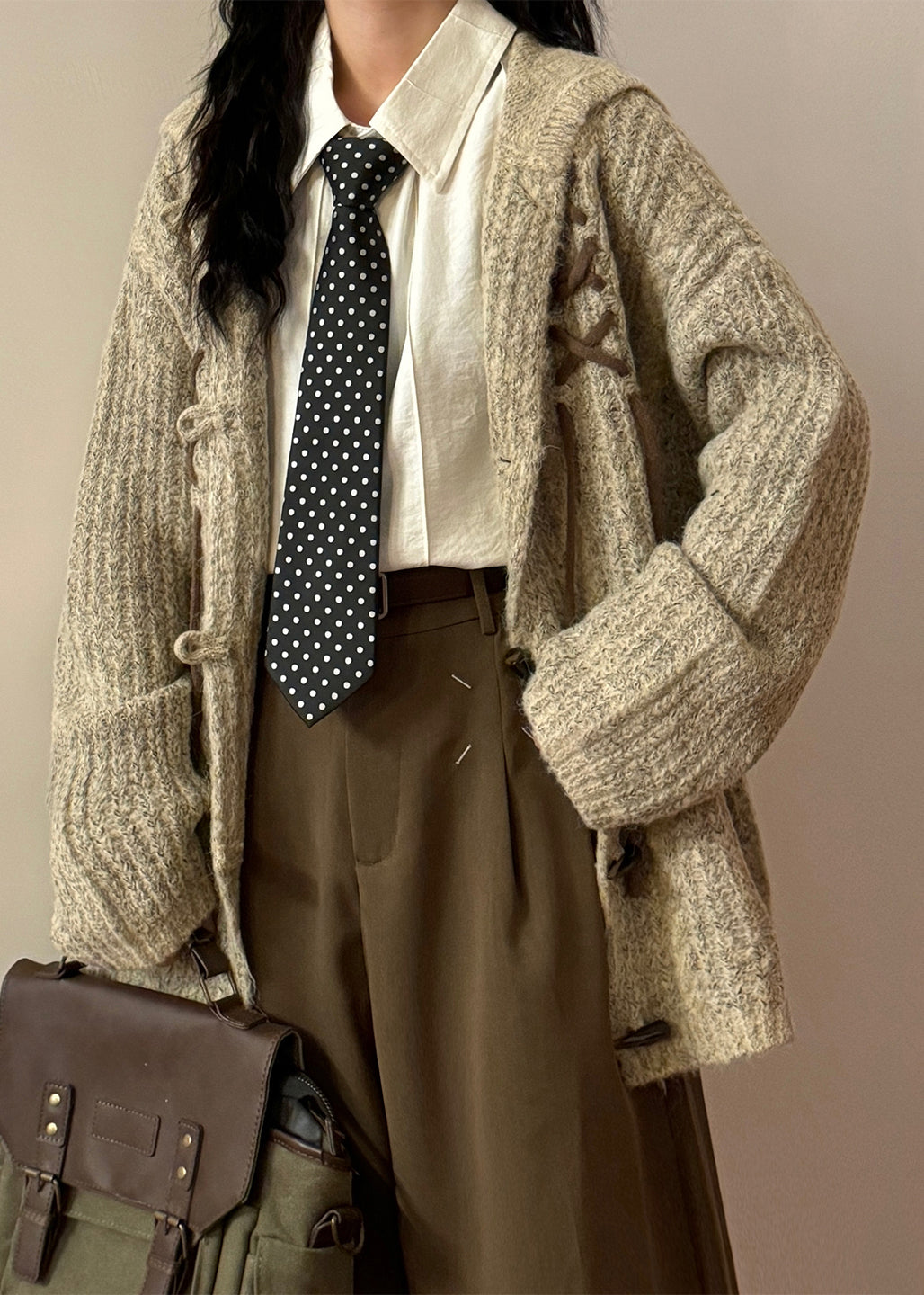 Loose Khaki Hooded Rabbit Ears Button Cozy Knit Coat Spring