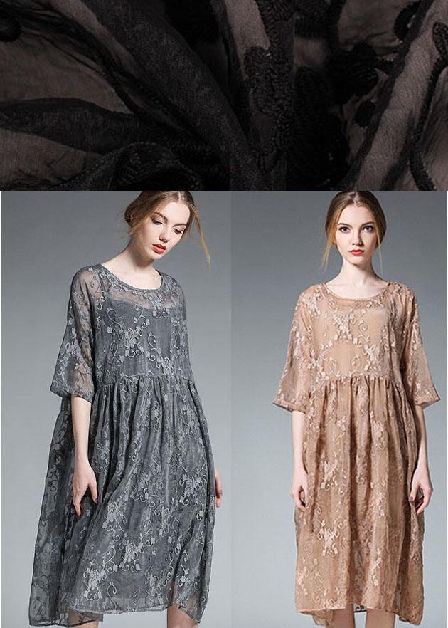 Loose Khaki O-Neck Patchwork Summer Dress Half Sleeve - SooLinen