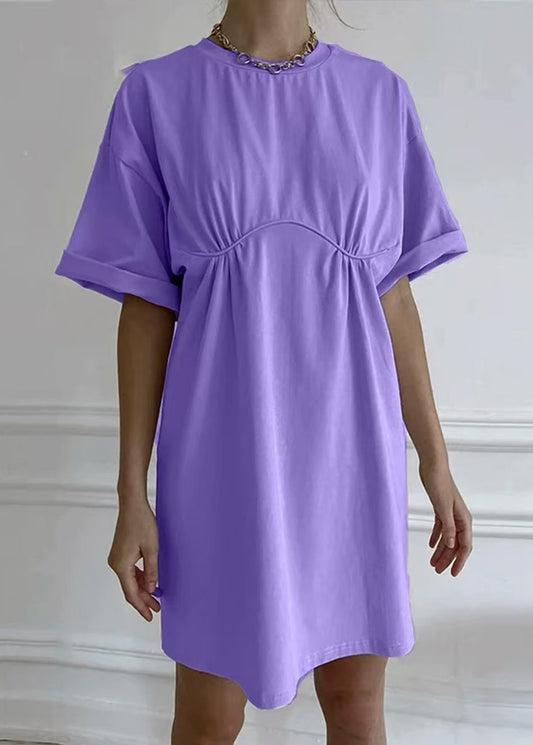 Loose Khaki O Neck Solid Cotton Mid Dress Summer