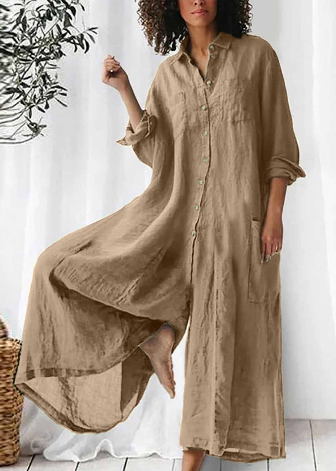 Lose Khaki Peter Pan Kragen Knopf Taschen Leinen Overalls Langarm