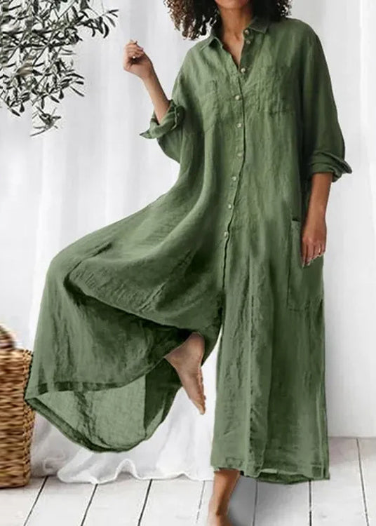 Lose Khaki Peter Pan Kragen Knopf Taschen Leinen Overalls Langarm