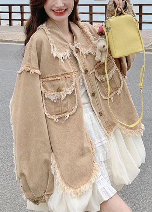 Abrigos vaqueros holgados de color caqui con cuello Peter Pan y bolsillos con bordes sin rematar para primavera