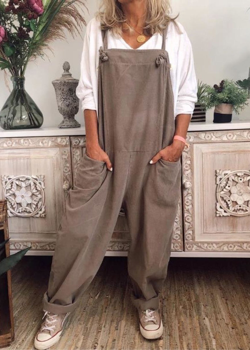 Lose Khaki Taschen Solide Baumwolle Jumpsuit Ärmellos