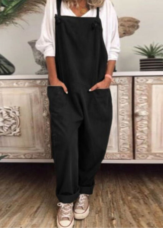 Loose Khaki Pockets Solid Cotton Jumpsuit Sleeveless