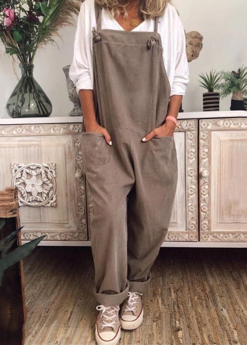 Lose Khaki Taschen Solide Baumwolle Jumpsuit Ärmellos