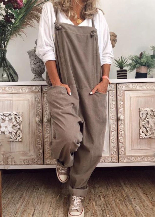Lose Khaki Taschen Solide Baumwolle Jumpsuit Ärmellos
