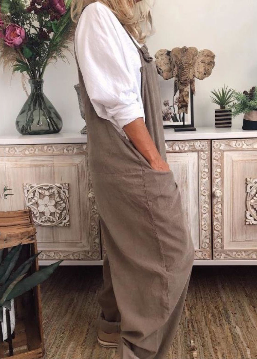 Lose Khaki Taschen Solide Baumwolle Jumpsuit Ärmellos