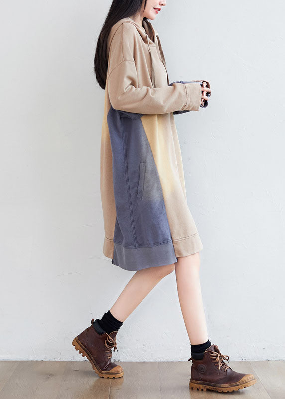 Lose Khaki mit Kapuze Asymmetrische Taschen Patchwork Sweatshirts Kleider Frühling