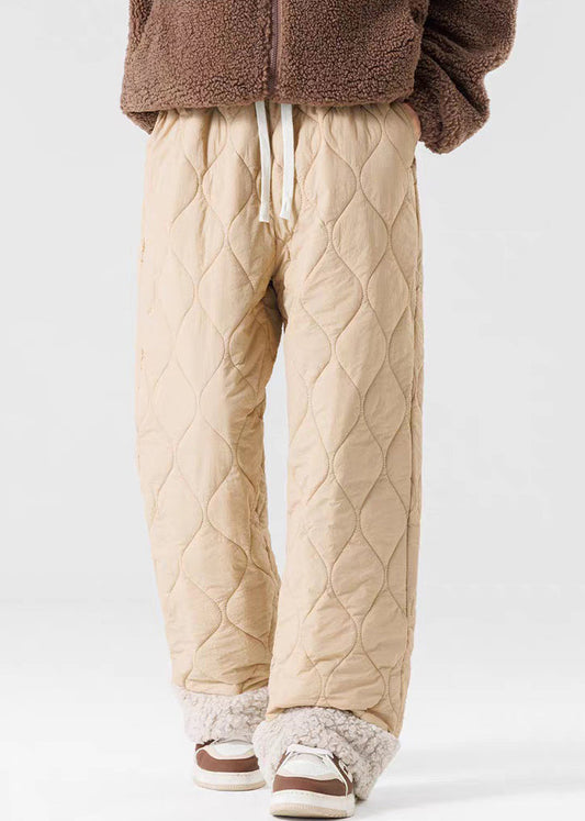 Pantalones de forro polar cálidos de retazos con cintura elástica y diseño original verde claro sueltos para invierno