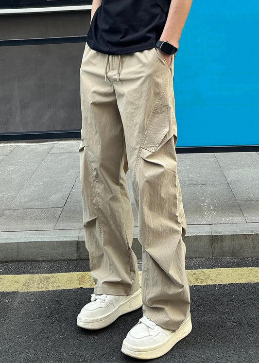 Loose Light Grey Pockets Elastic Waist Cotton Men Pants Summer