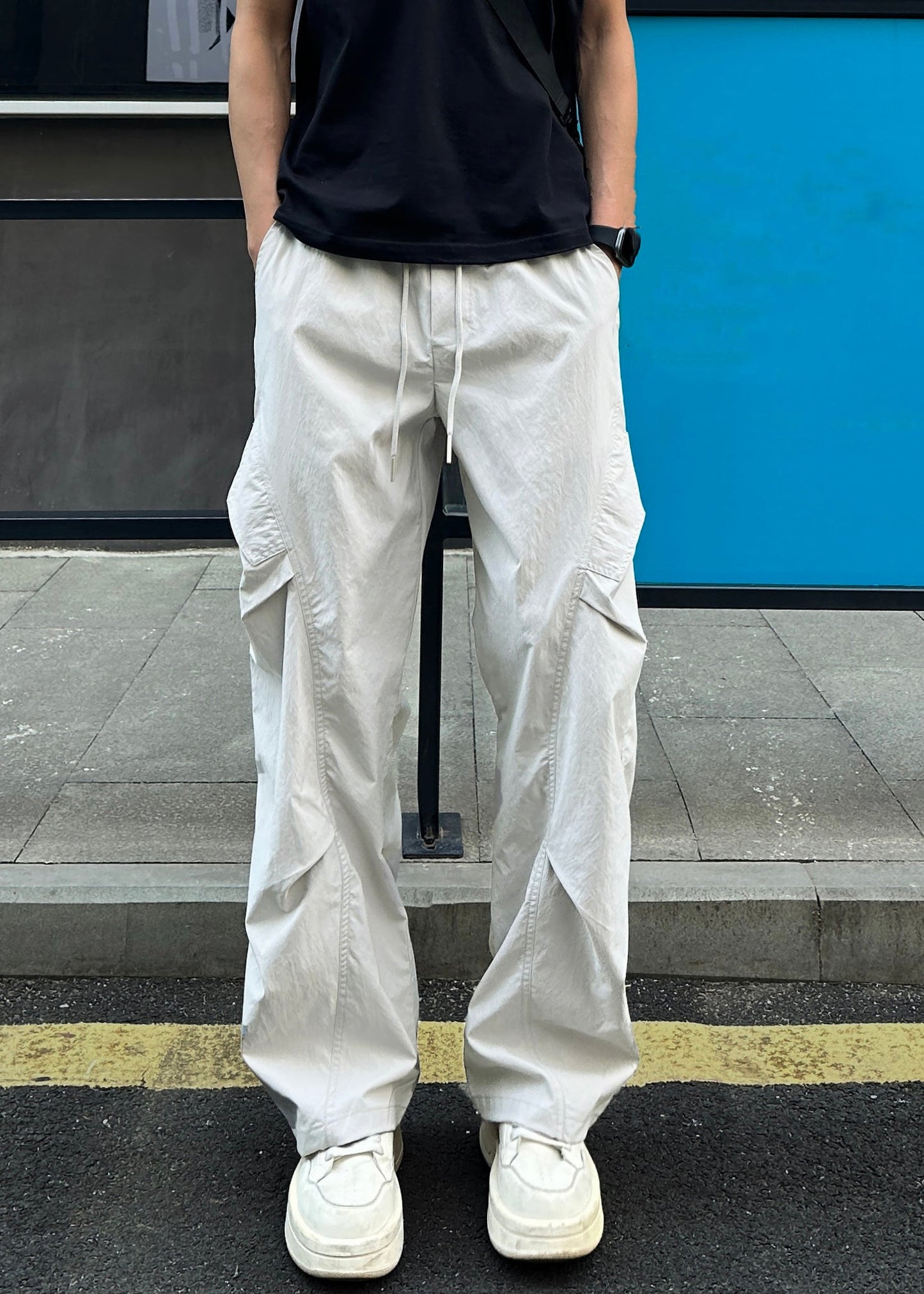 Loose Light Grey Pockets Elastic Waist Cotton Men Pants Summer