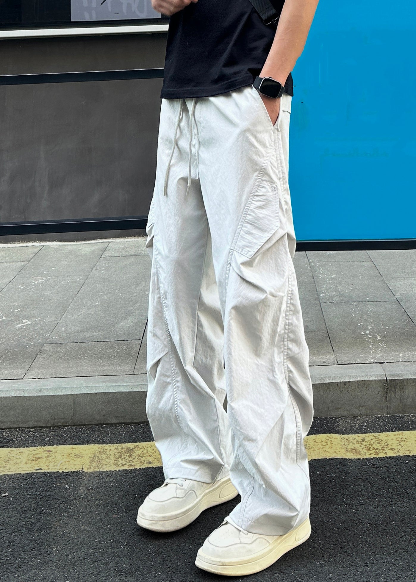 Loose Light Grey Pockets Elastic Waist Cotton Men Pants Summer