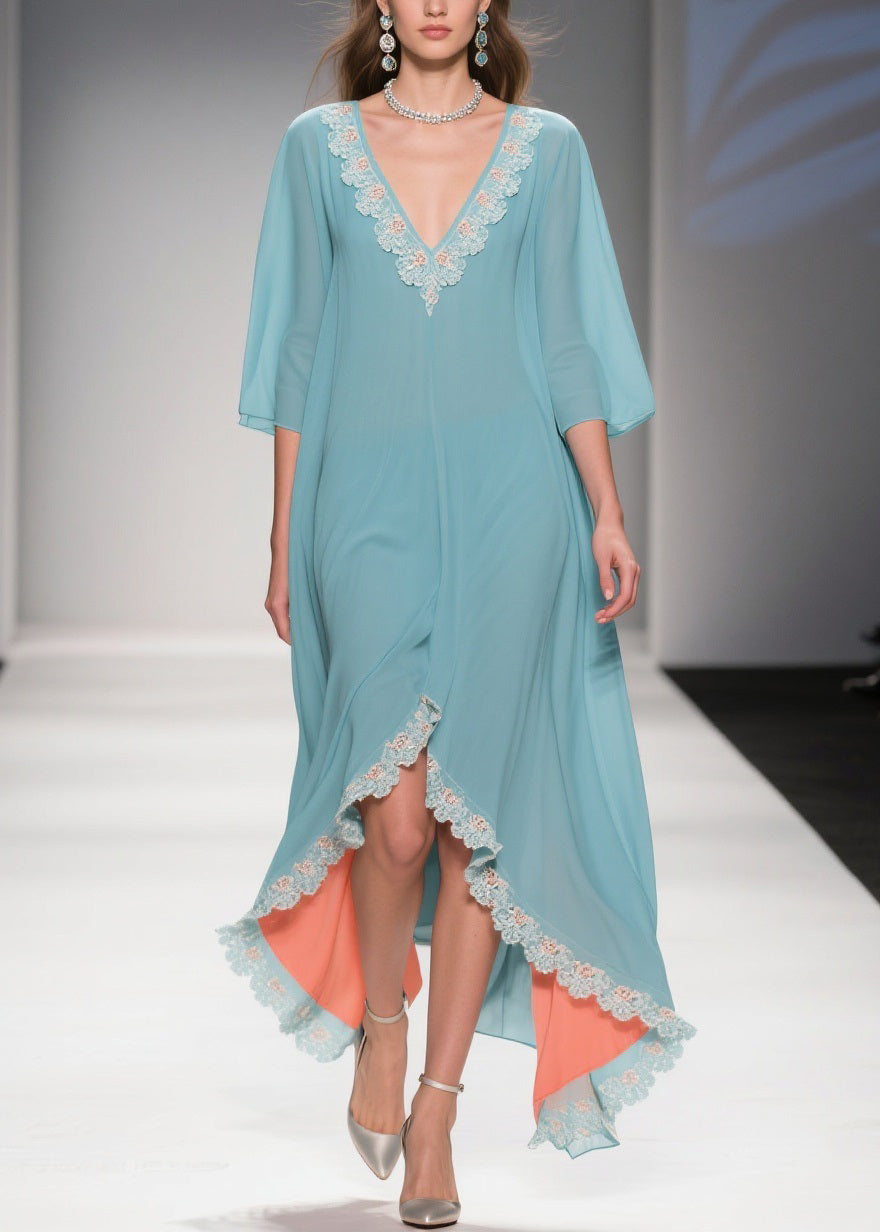 Loose Mint Green Blue Asymmetrical Lace Chiffon Dress Half Sleeve
