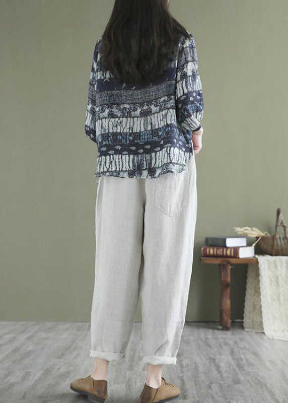 Lockeres, marineblaues, asymmetrisches Print-Shirt mit halben Ärmeln