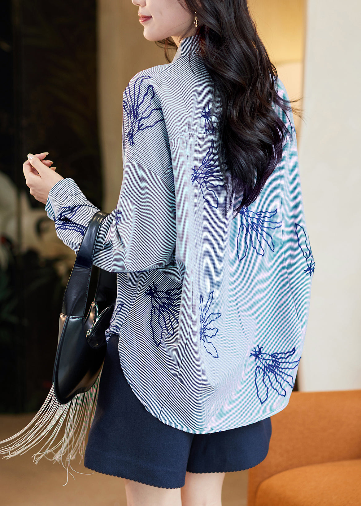 Loose Navy Blue Peter Pan Collar Striped Shirts Fall