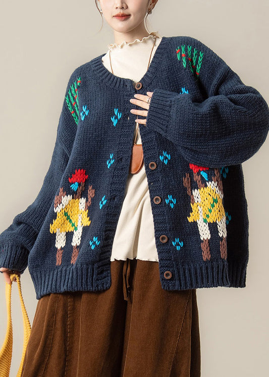 Locker geschnittene, marineblaue Strickmäntel mit Stickerei und Knöpfen für den Frühling