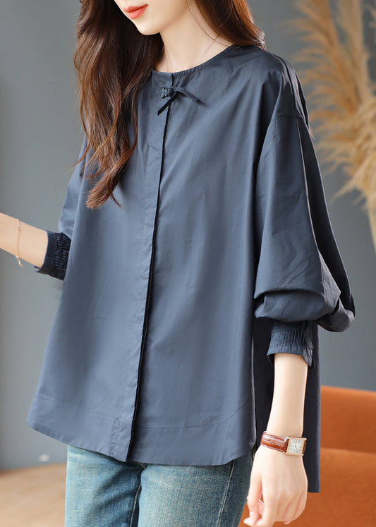 Loose Navy O Neck Side Open Cotton Blouse Spring