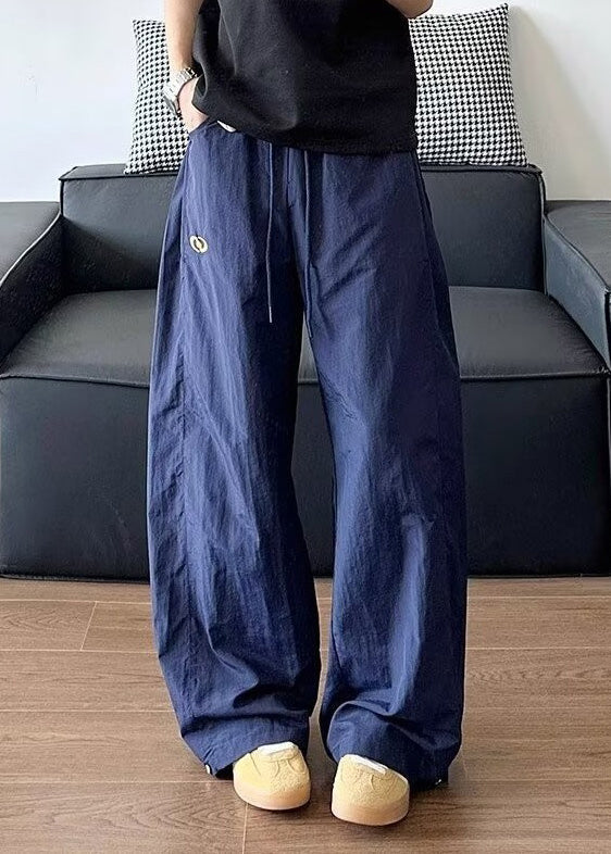 Loose Navy Solid Elastic Waist Cotton Men Pants Summer