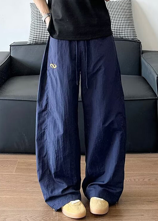 Loose Navy Solid Elastic Waist Cotton Men Pants Summer