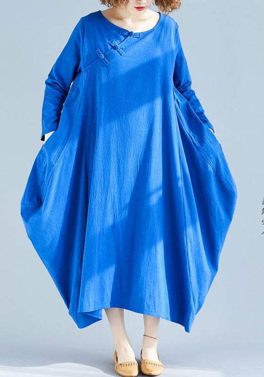 Loose O Neck Asymmetric Spring Wardrobes Fabrics Blue A Line Dress - SooLinen