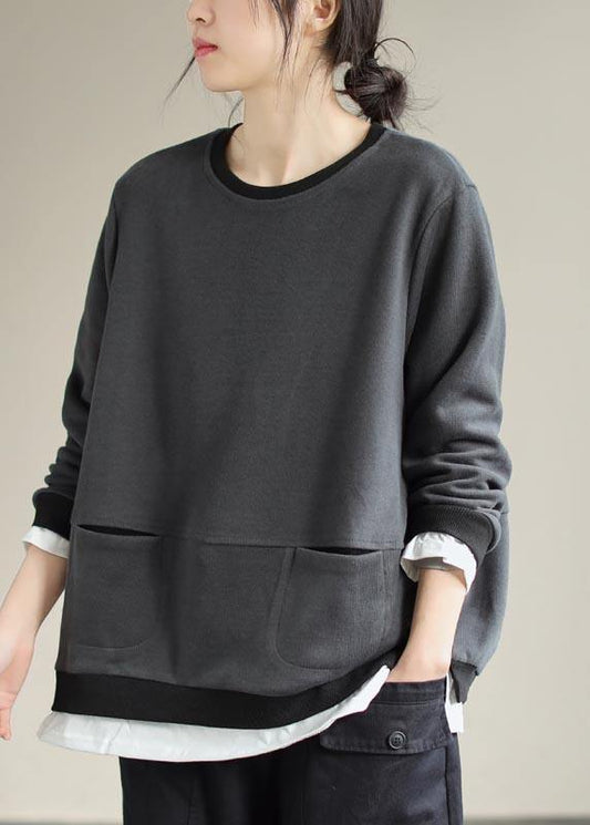 Loose O Neck False Two Pieces Spring Shirts Christmas Gifts Gray Blouses - SooLinen