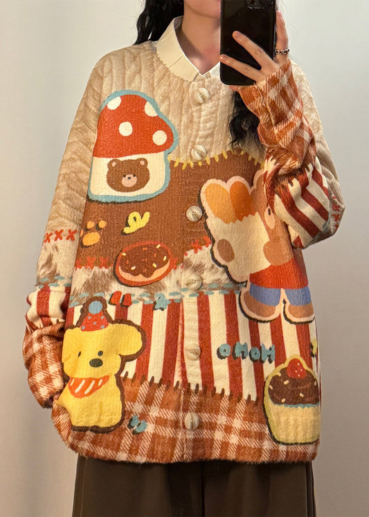 Loose O Neck Print Button Knit Coats Spring