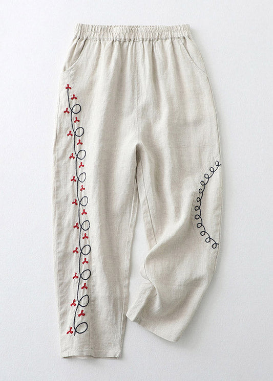 Pantalones Harem de Algodón con Cintura Elástica y Bordado Naranja Sueltos para Verano