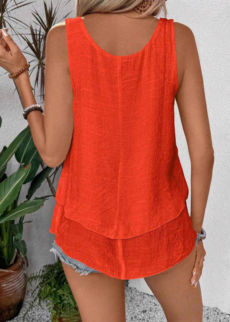 Loose Orange O-Neck Patchwork Solid Tops Sleeveless