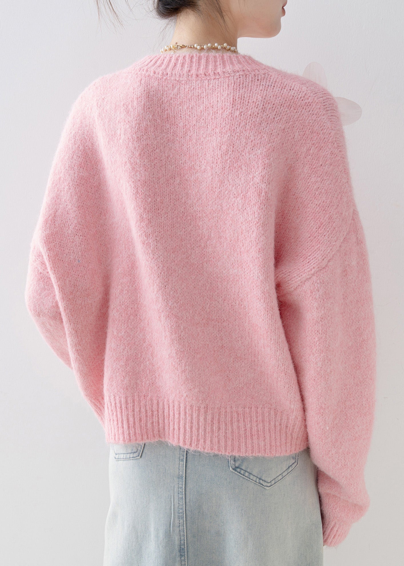 Loose Pink O Neck Nail Bead Knit Sweaters Spring