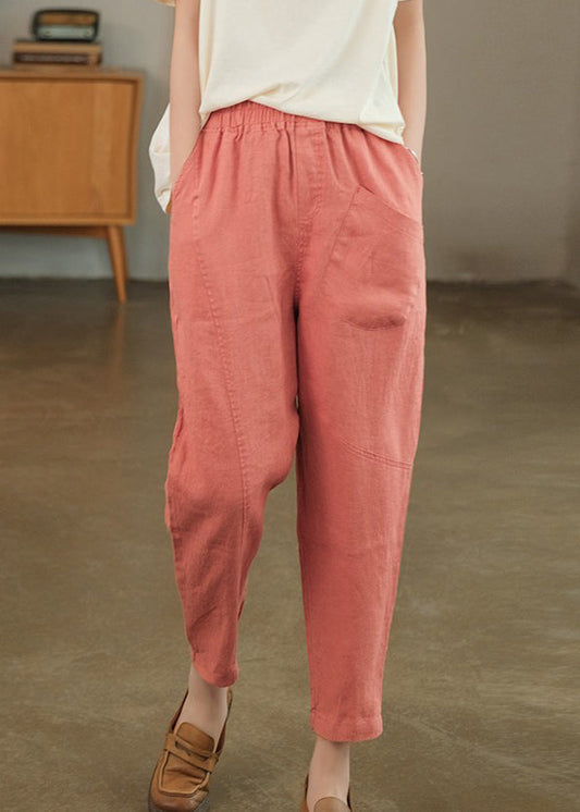 Loose Pink Pockets Solid Linen Crop Pants Summer