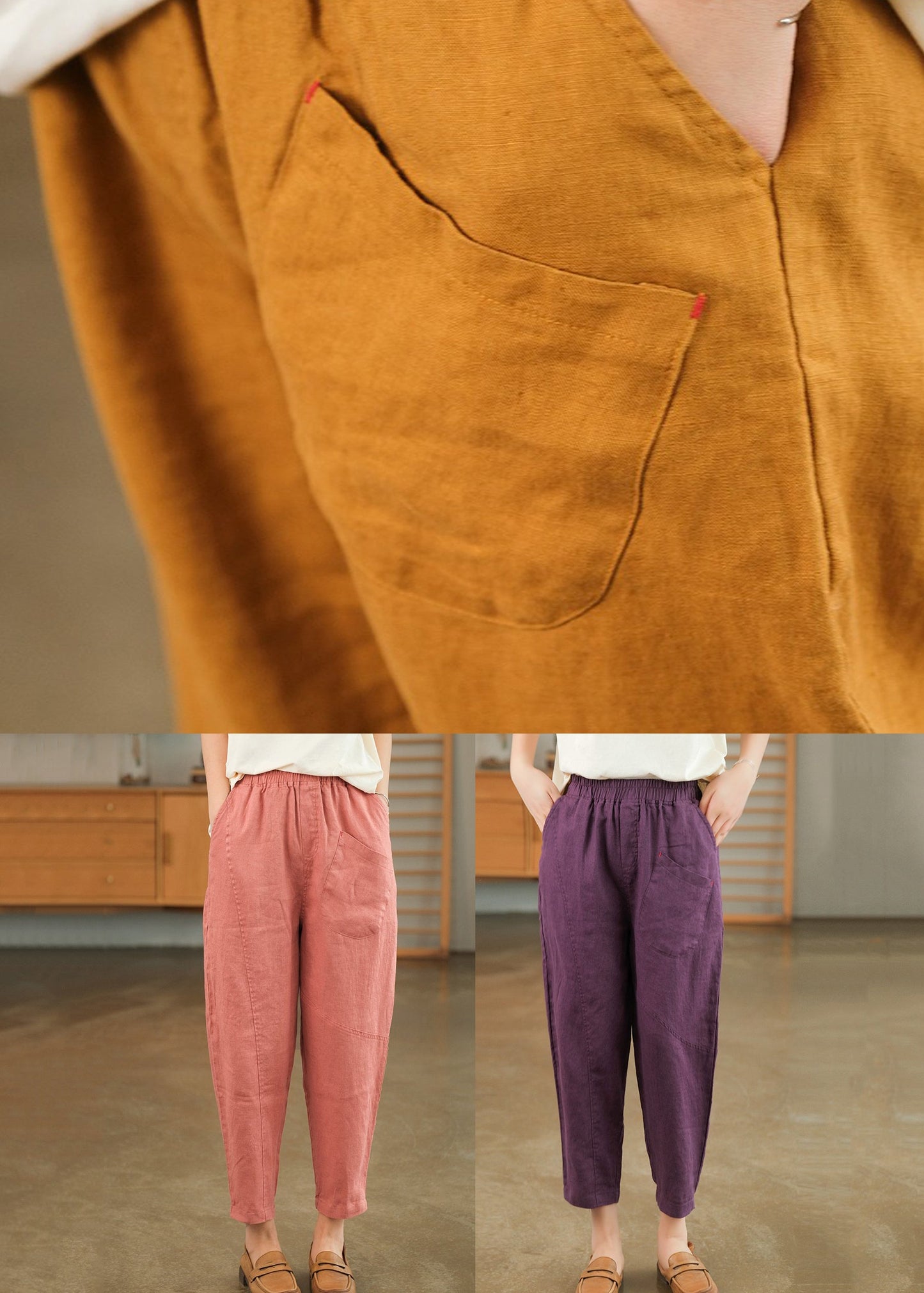 Loose Pink Pockets Solid Linen Crop Pants Summer