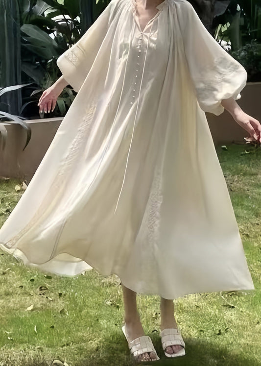 Loose Pink Ruffled Lace Up Cotton Long Dress Lantern Sleeve