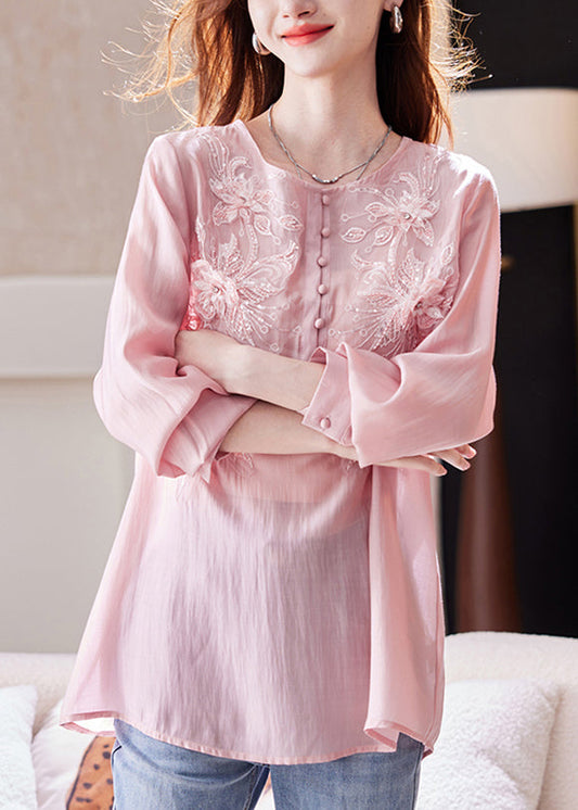 Loose Pink Sequins Nail Bead Chiffon Shirt Top Long Sleeve