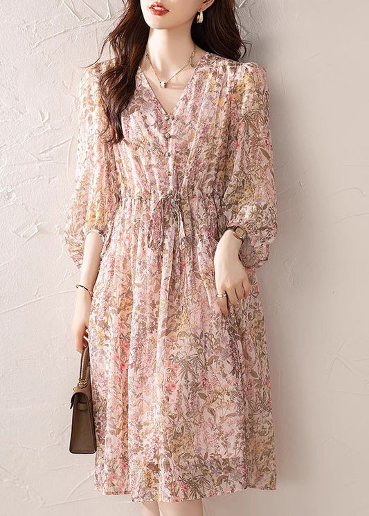 Loose Pink V Neck Print Drawstring Chiffon Dress Summer