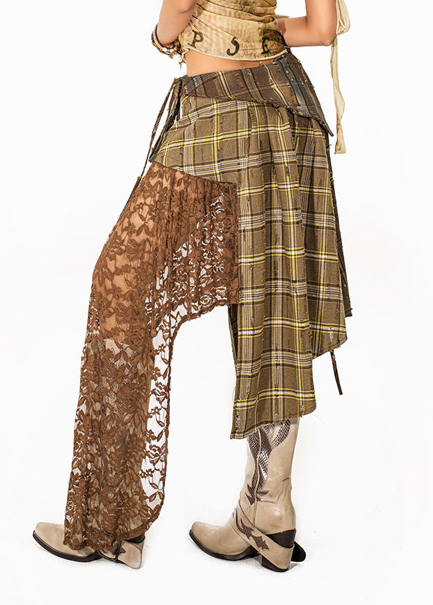 Loose Plaid Patchwork Lace Maxi Skirt Summer