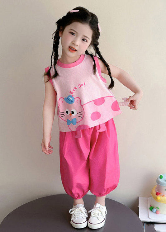 Loose Print Girls Vest And Crop Pants Two Pieces Set Summer