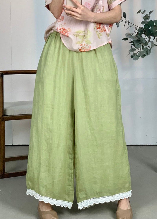 Loose Purple Elastic Waist Lace Patchwork Linen Wide Leg Pants Summer