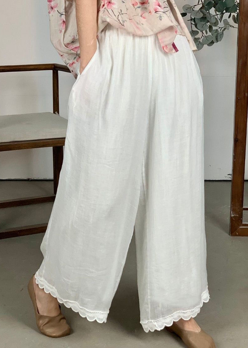 Loose Purple Elastic Waist Lace Patchwork Linen Wide Leg Pants Summer