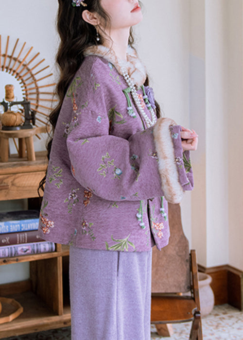 Locker geschnittener, lila Pelzkragen, chinesische Knopfleiste, warmer Fleece-Parka für den Winter