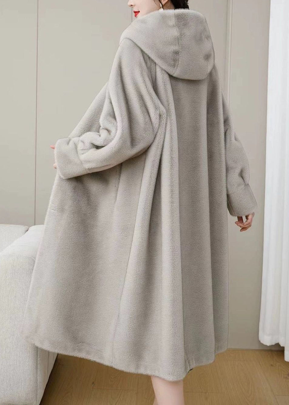 Abrigos holgados de pelo de visón liso con bolsillos y capucha morados para invierno