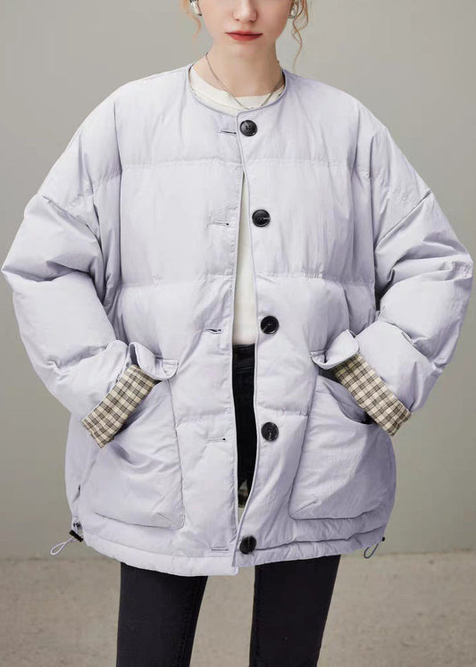 Abrigo acolchado de plumón de pato con botones a cuadros y cuello redondo morado suelto para invierno