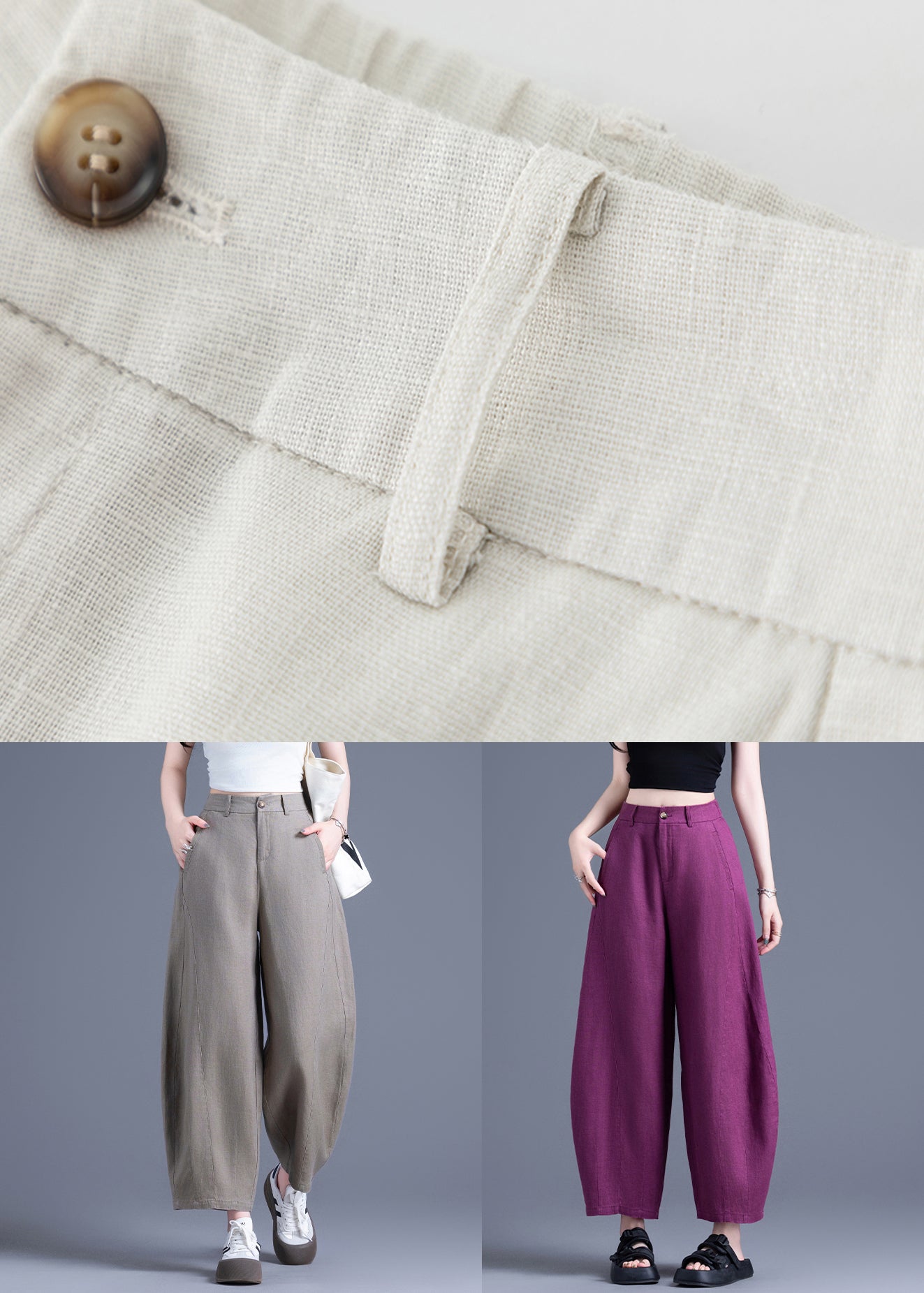 Loose Purple Pockets High Waist Linen Crop Pants Summer