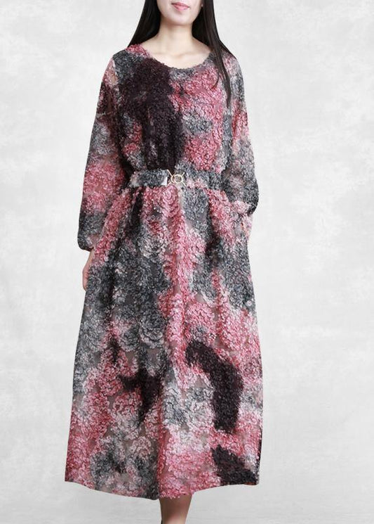 Loose Purple Print Clothes O Neck Tie Waist Art Spring Dress - SooLinen