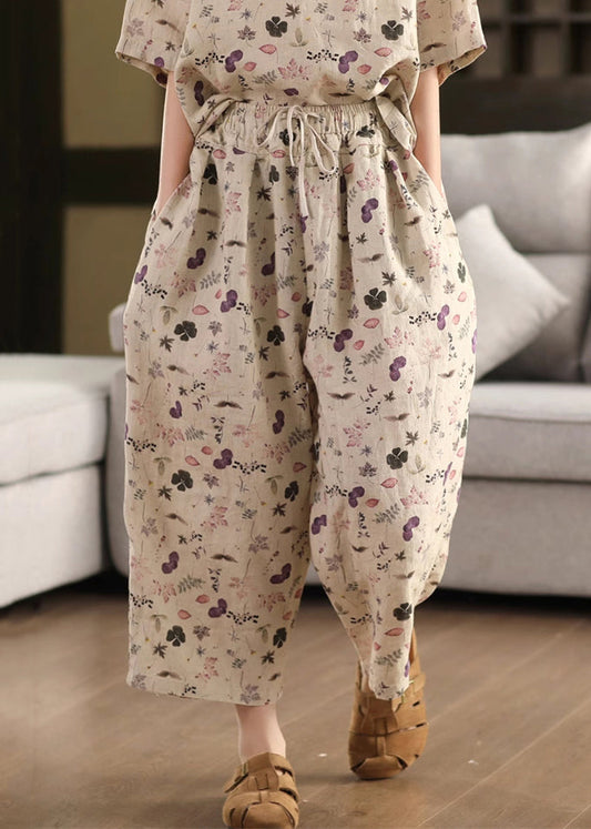 Loose Purple Print Drawstring Linen Crop Pants Summer