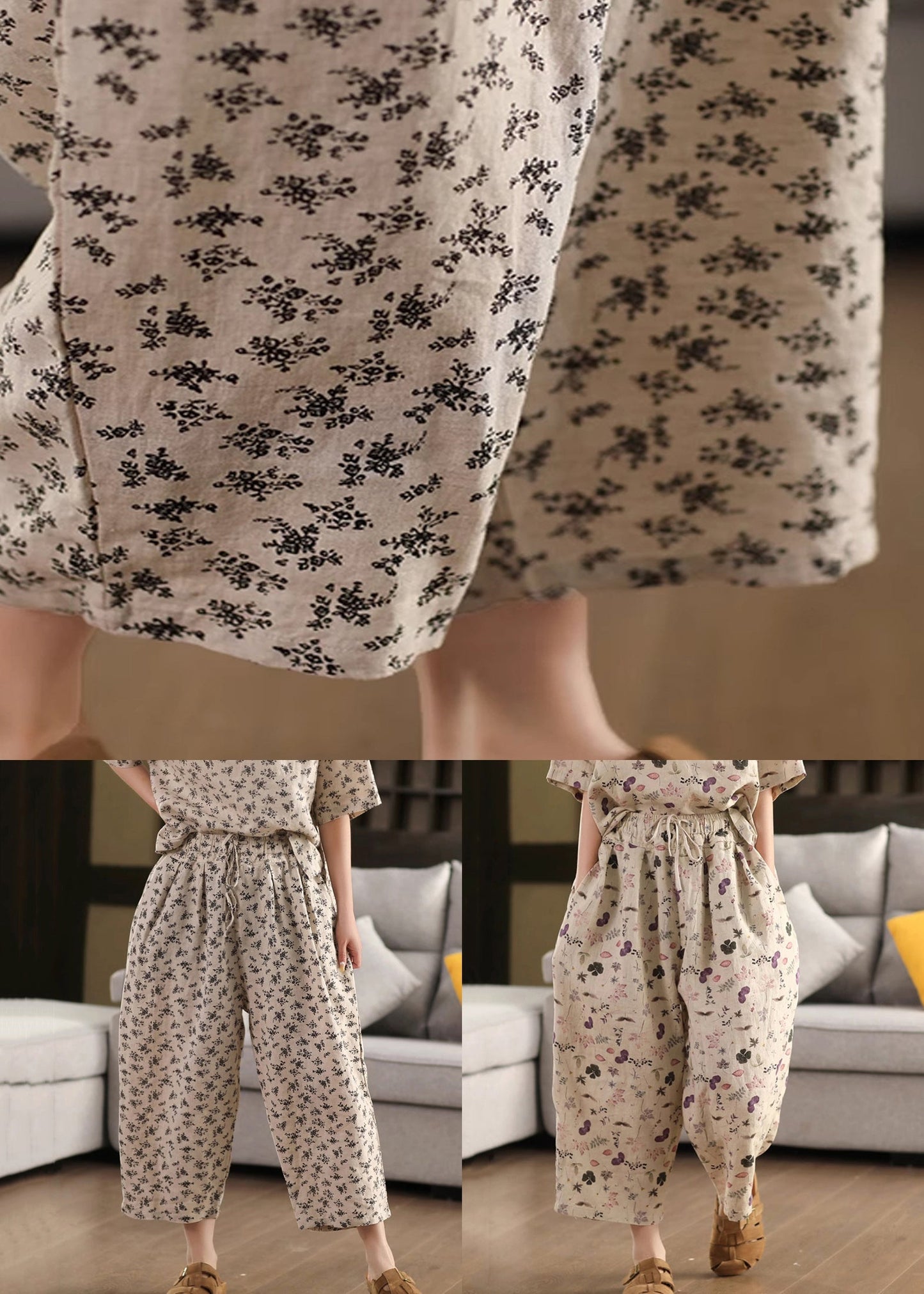 Loose Purple Print Drawstring Linen Crop Pants Summer