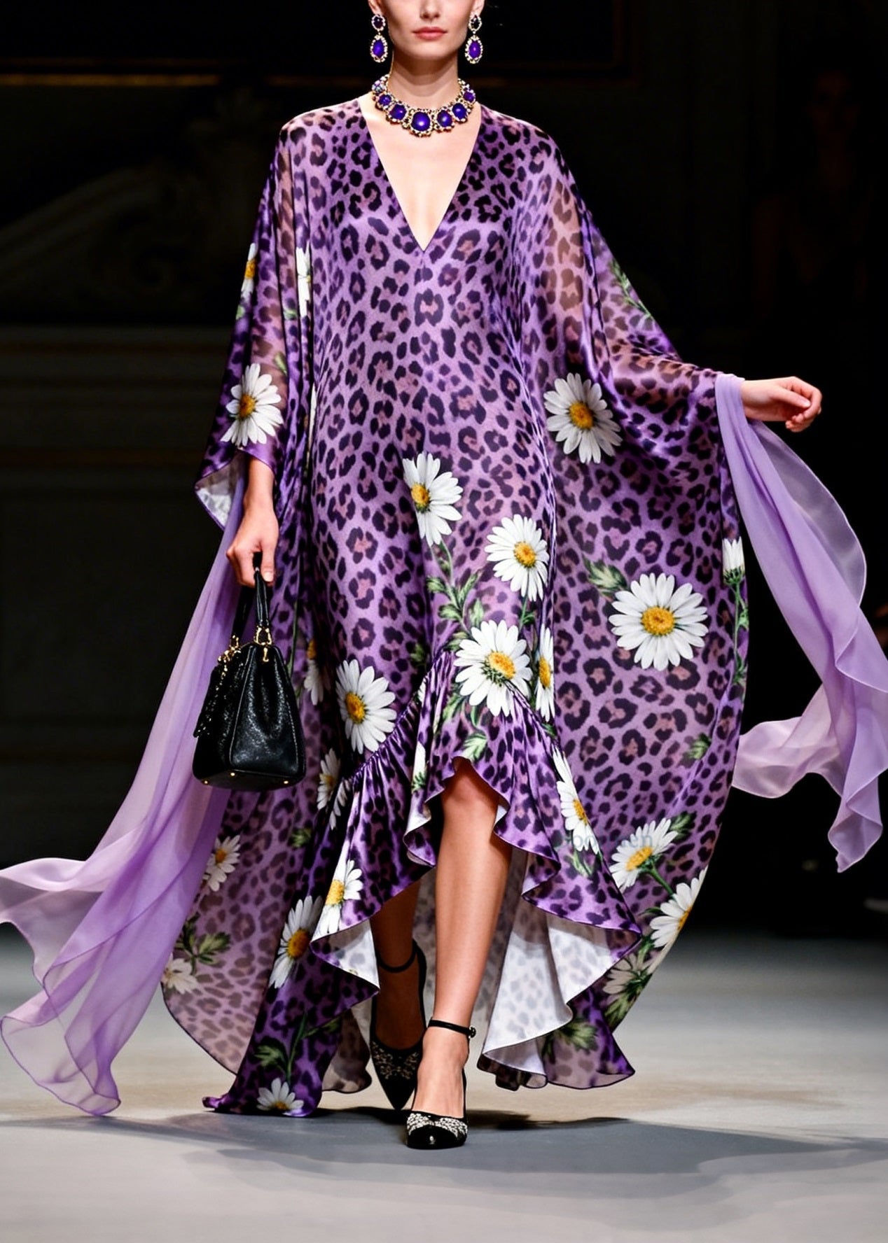 Loose Purple Ruffled Asymmetrical Design Print Chiffon Long Dresses Summer