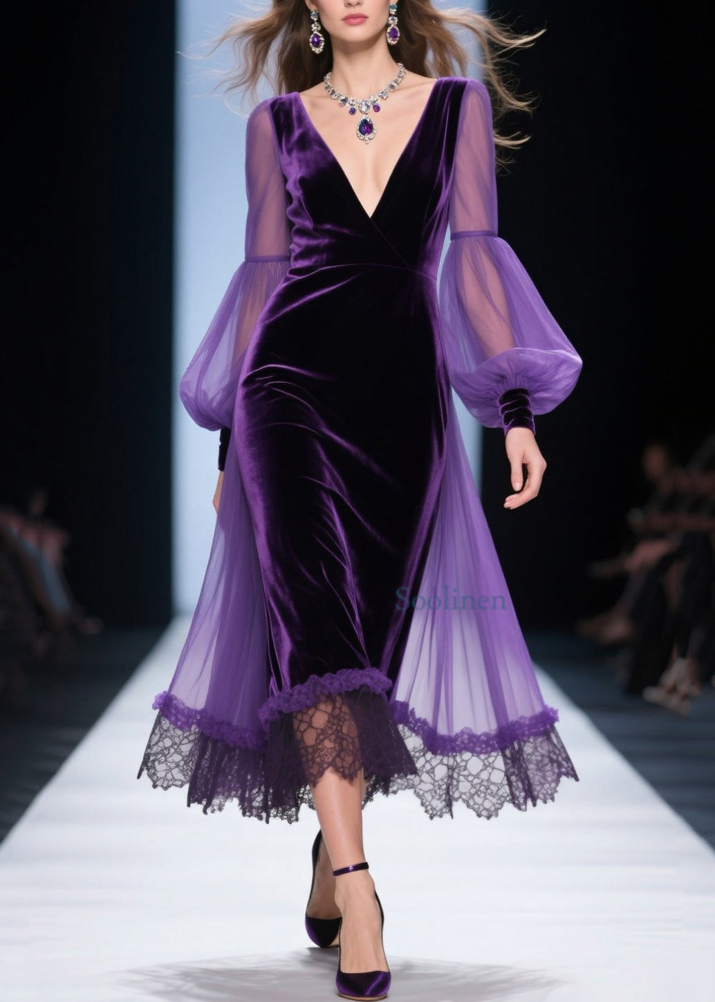 Vestido suelto de terciopelo morado con escote en V y patchwork de encaje para primavera