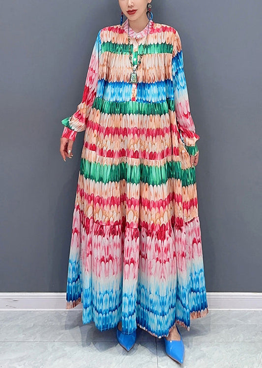 Loose Rainbow Print Button Cotton Maxi Dresses Fall