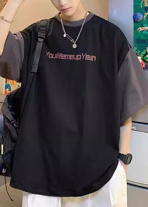 Loose Red Letter Patchwork Cotton Men T Shirt Summer